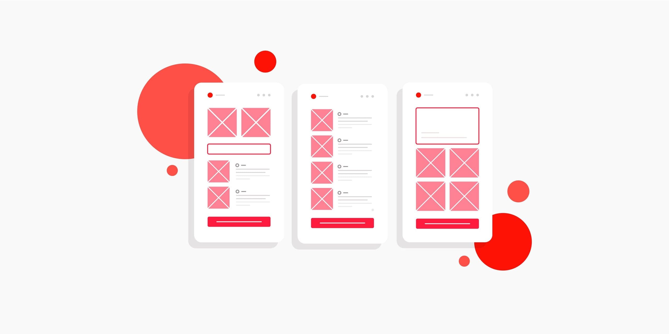 Three red and white mobile app wireframe screens showing placeholder layouts