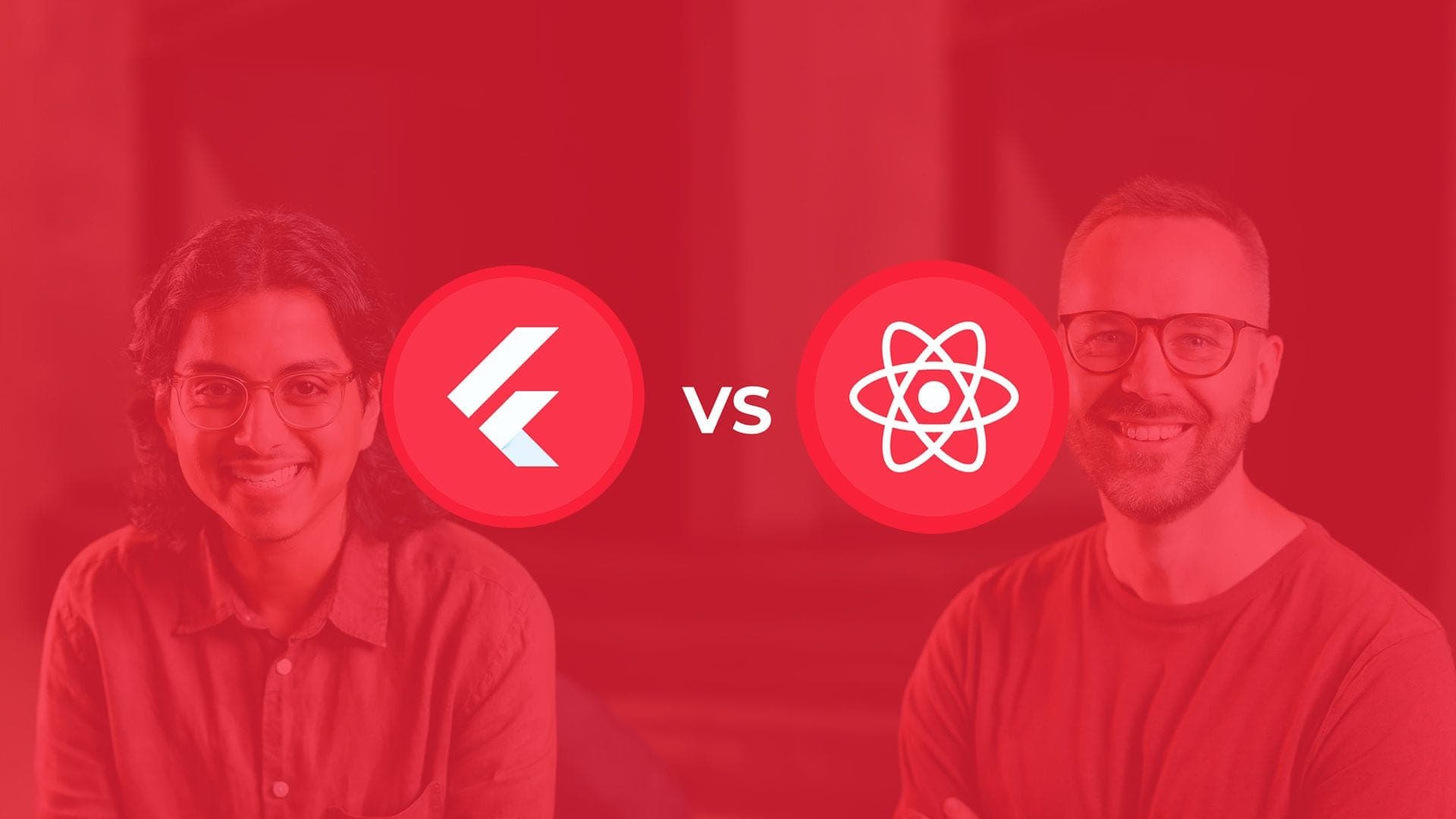Flutter versus React logos over a red-tinted photo of two smiling people