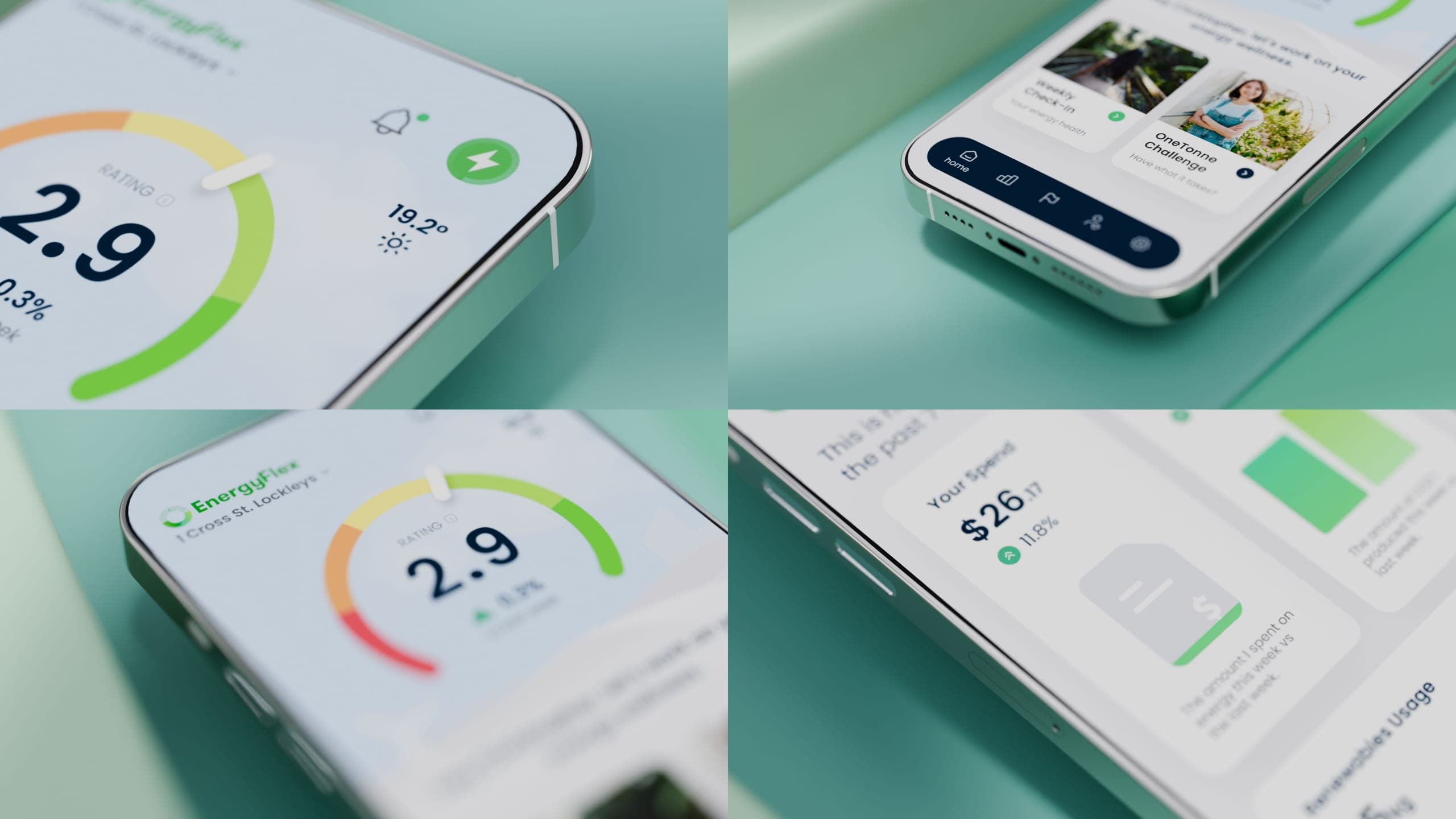 Close-up of a phone showing an energy app dashboard with a usage gauge reading 2.9