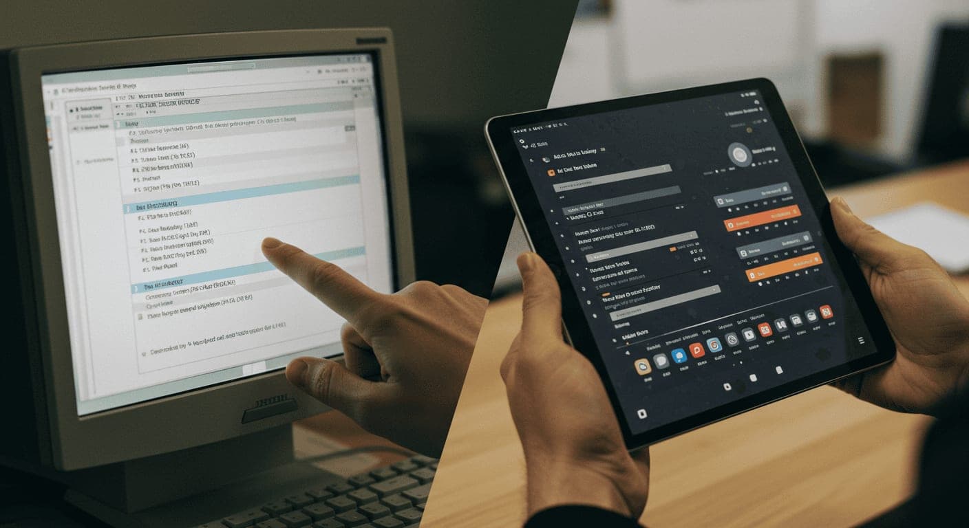 Person pointing at a dated desktop interface beside a redesigned dark tablet app