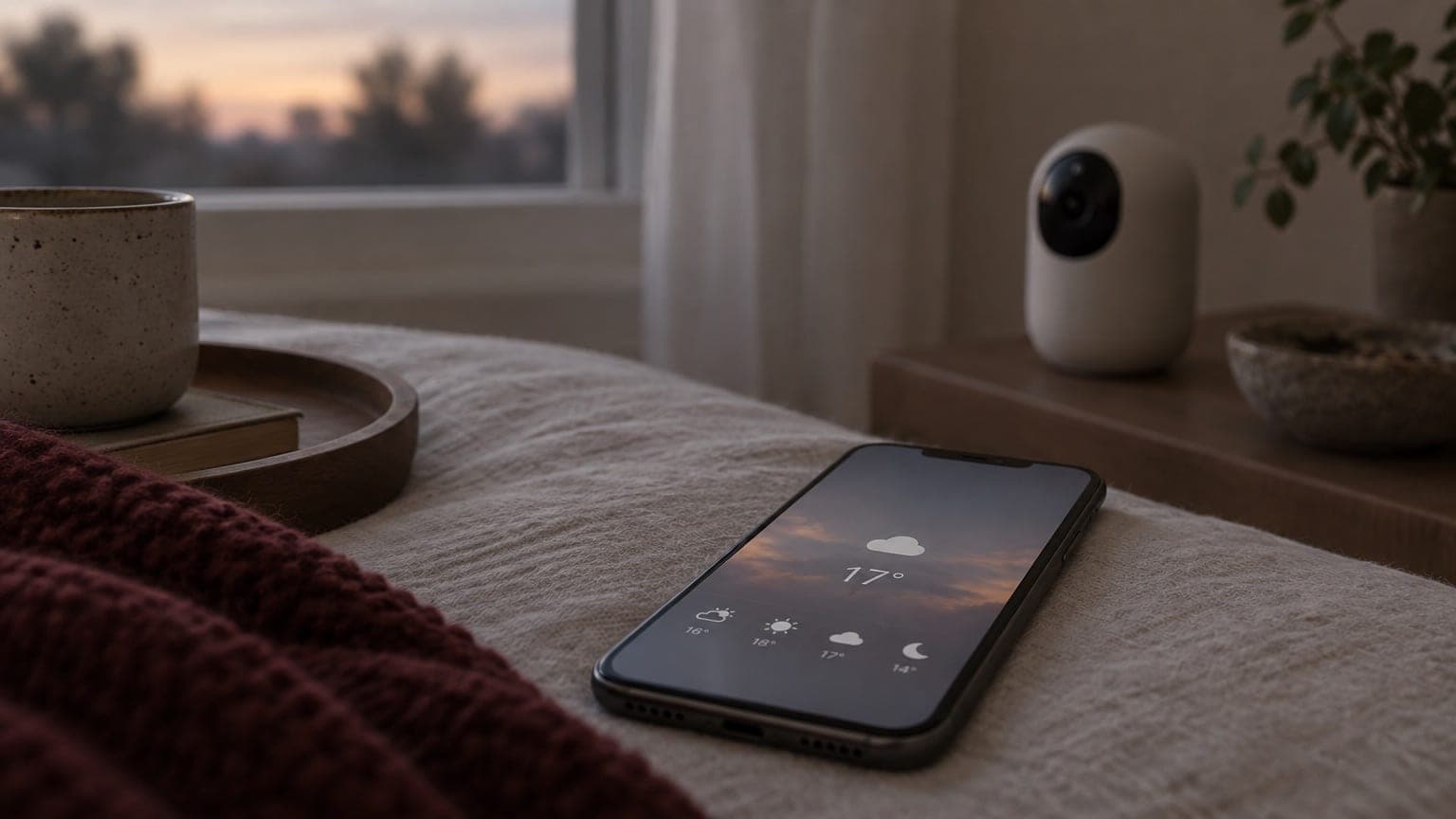 Smartphone showing a weather screen on a bed, with a small home camera and a mug nearby at dusk
