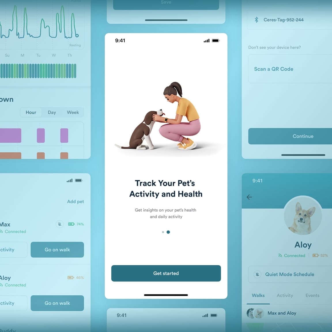 Pet tracking app screens showing onboarding, device pairing, activity charts and pet profiles