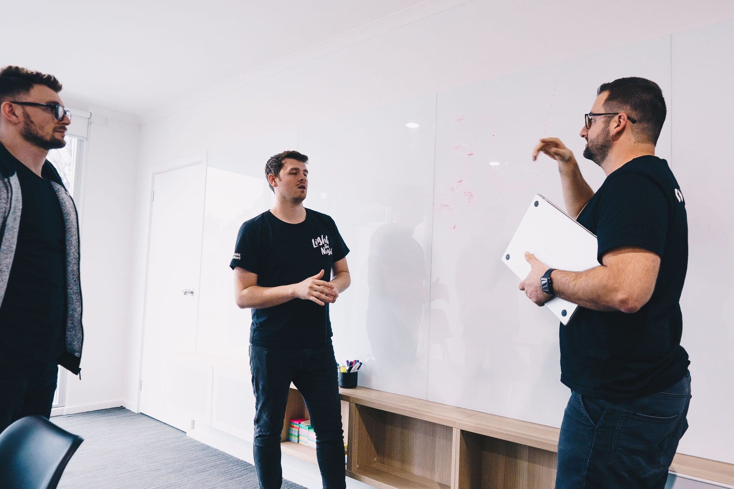 Three team members running a scoping discussion at a whiteboard, one holding a laptop