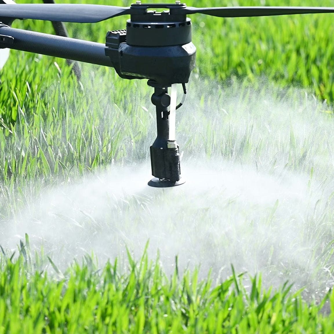 Drone spraying a fine mist over a green crop field