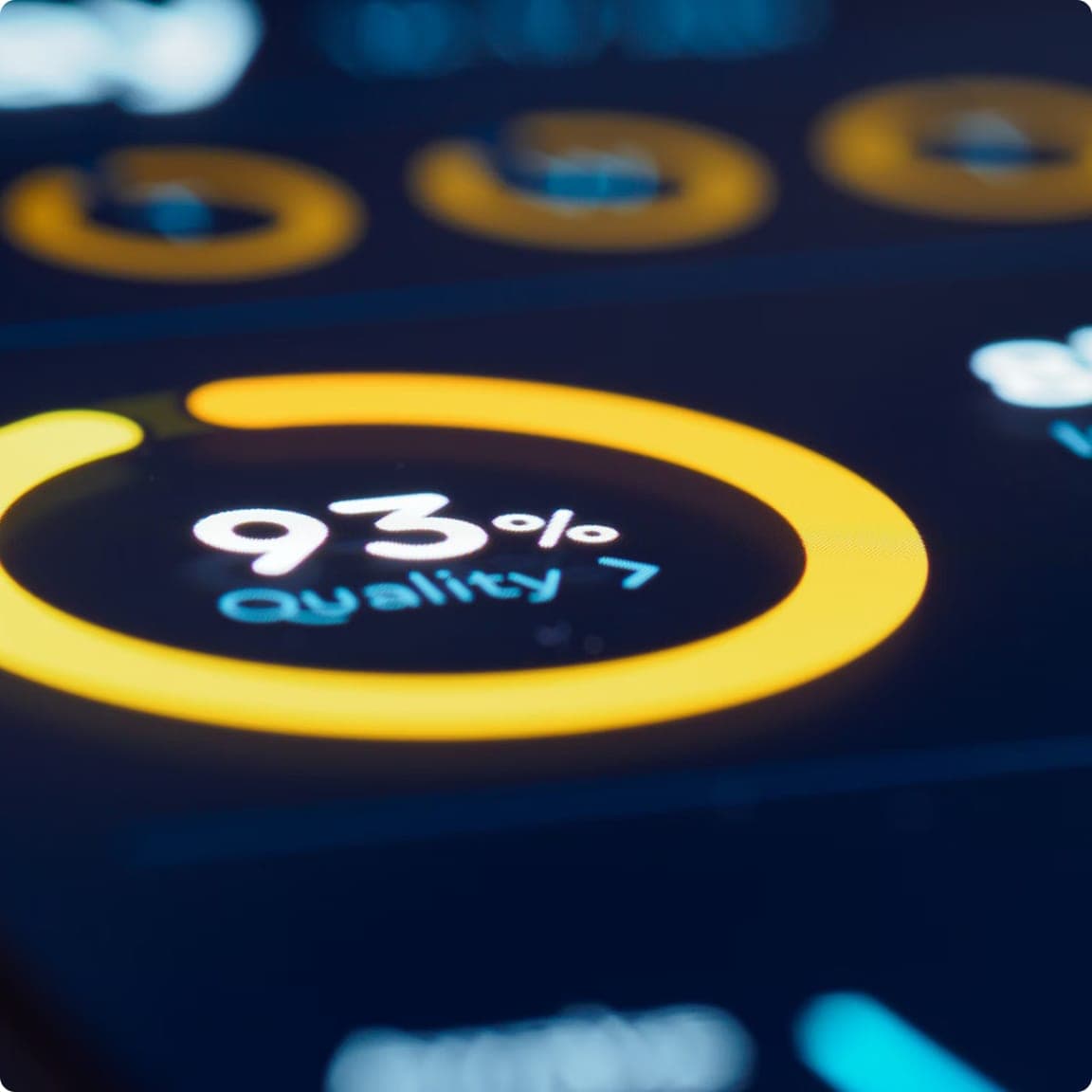 Close-up of a screen showing a quality percentage gauge in a ring chart