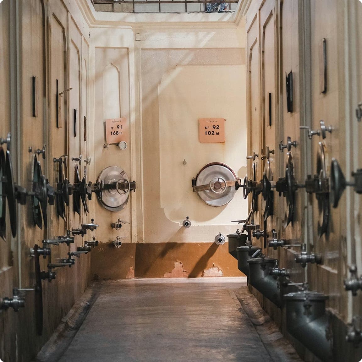 Narrow aisle between large numbered storage tanks in a production cellar