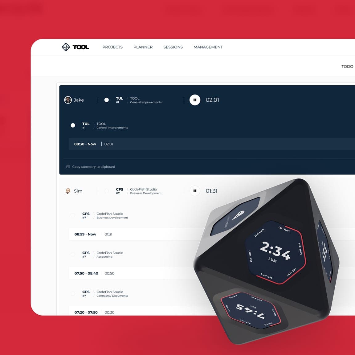 Time tracking web app next to a small dark desktop timer device on a red background