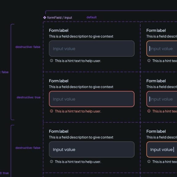 Interface design sheet showing form field styles in different states