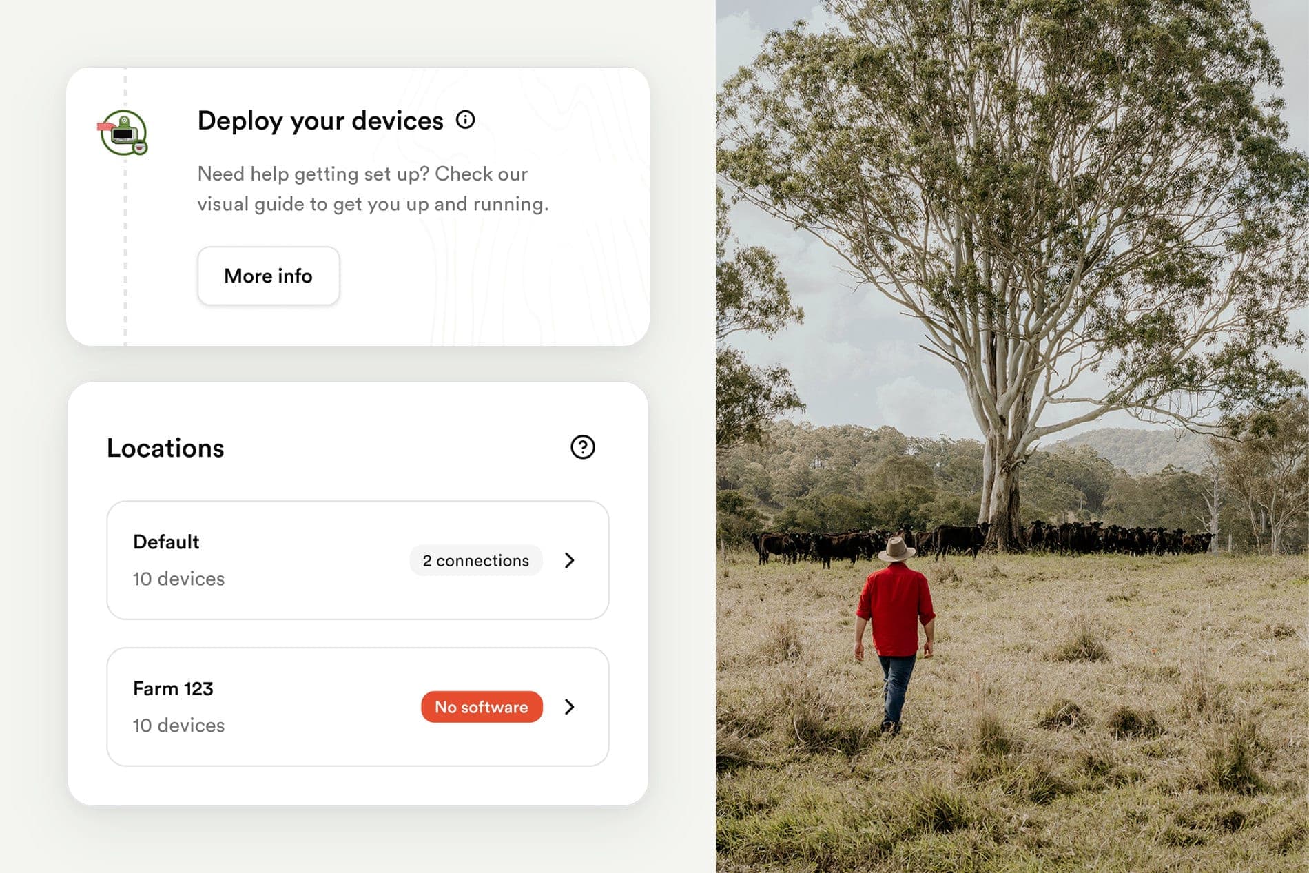 App screens for deploying devices and locations, beside a person walking toward cattle in a paddock
