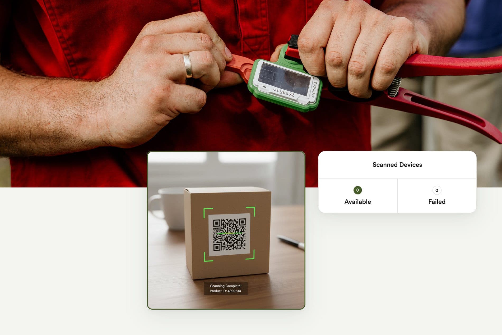 Hands fitting a tracking tag with a tool, above app screens showing a completed QR code scan