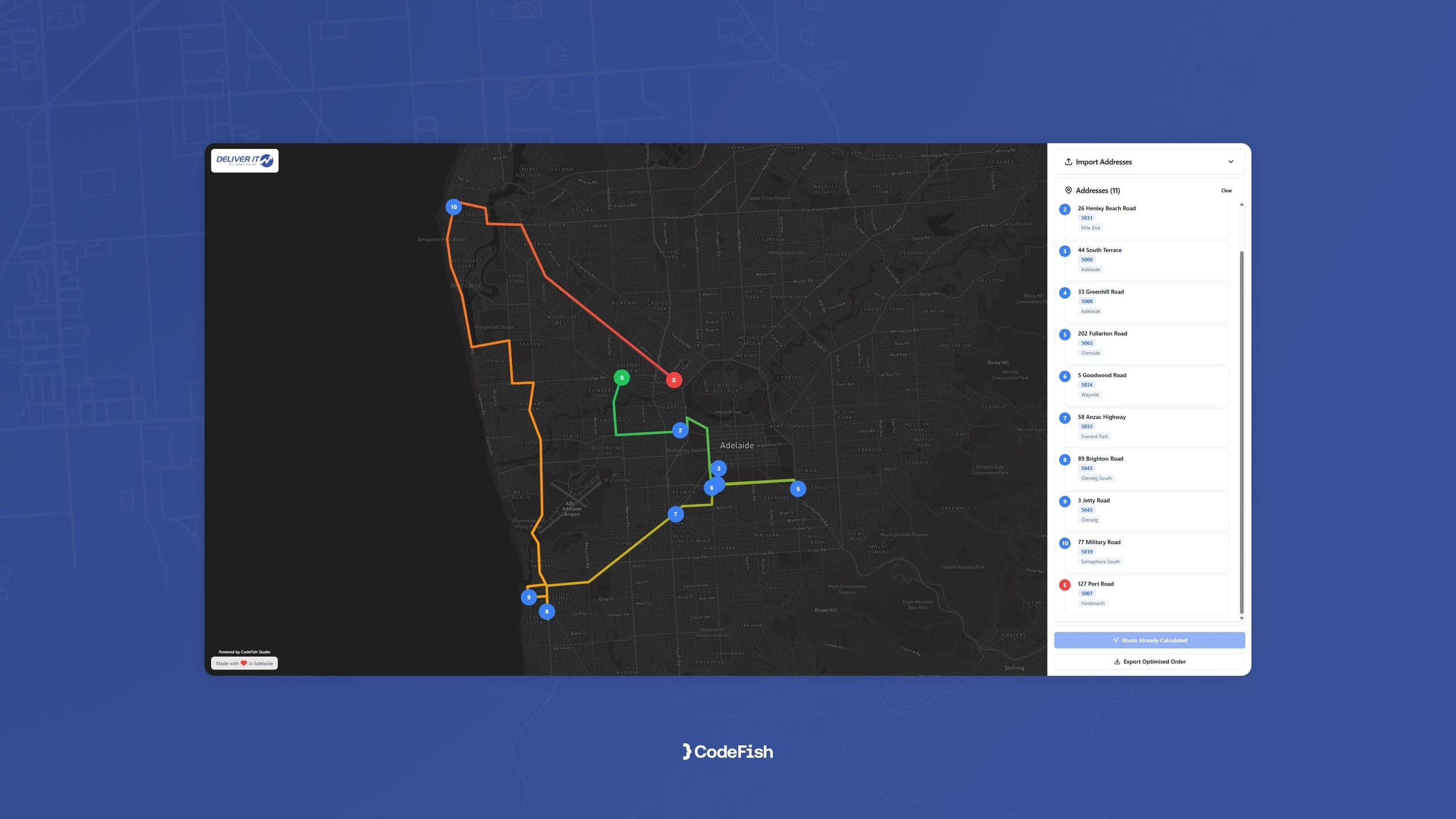 Route optimisation software showing colour-coded delivery routes across an Adelaide map with an address list