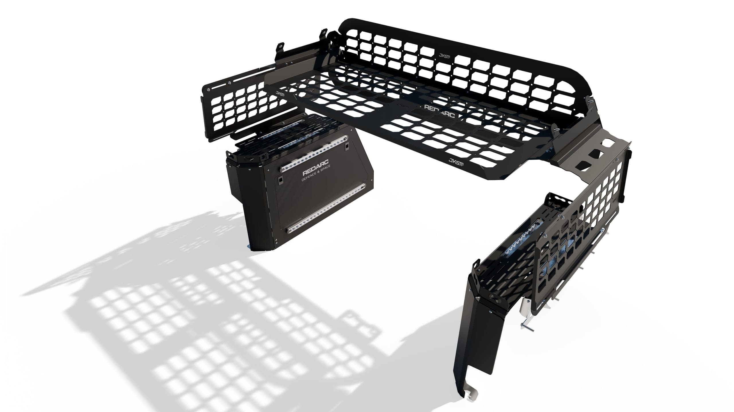 Exploded view of a modular black off-road storage rack system with a hard case module