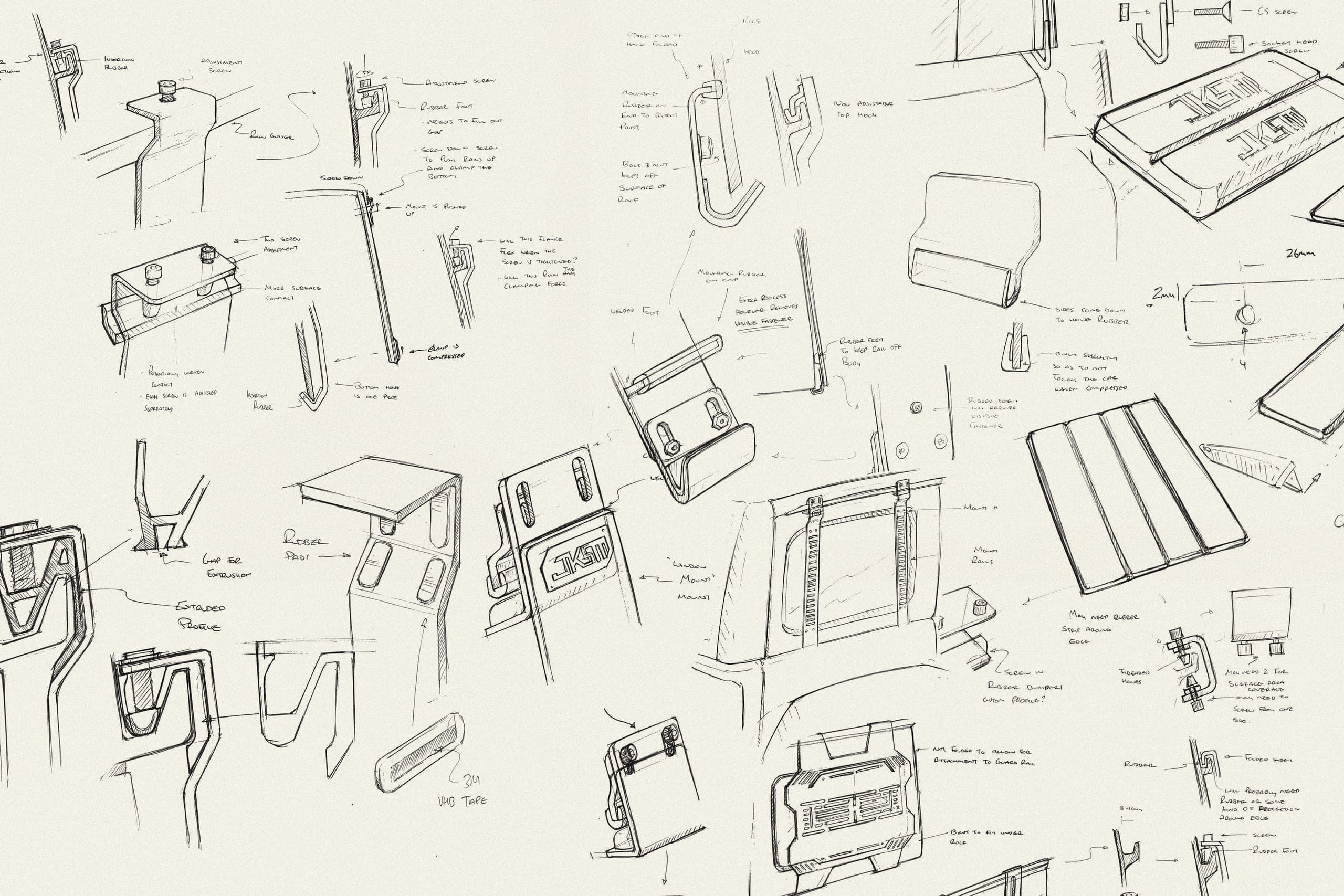 Pencil concept sketches of vehicle mounting brackets and storage panels with handwritten annotations