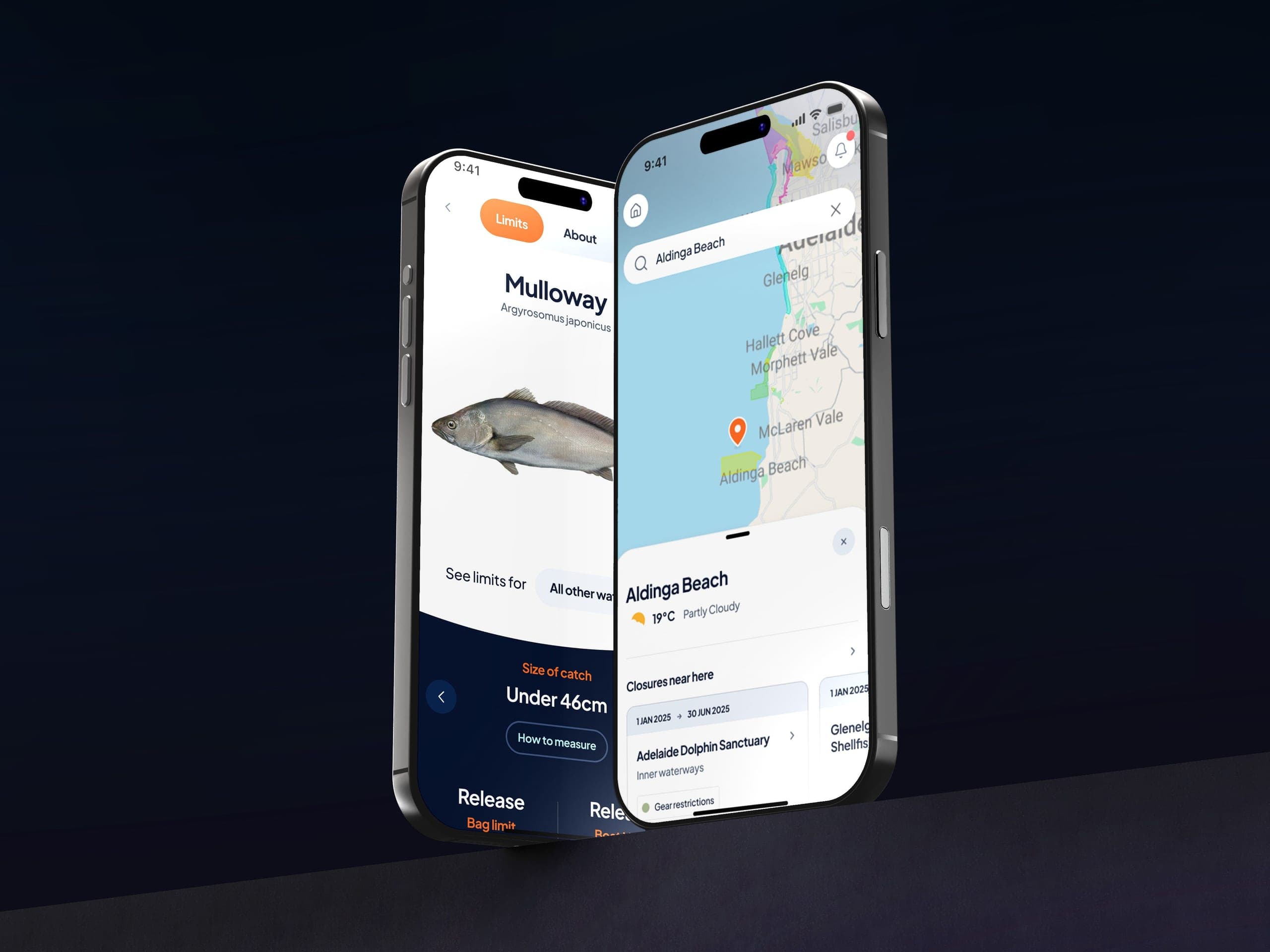 Two phones showing the SA Fishing app: a mulloway size-limit page and a coastal closures map