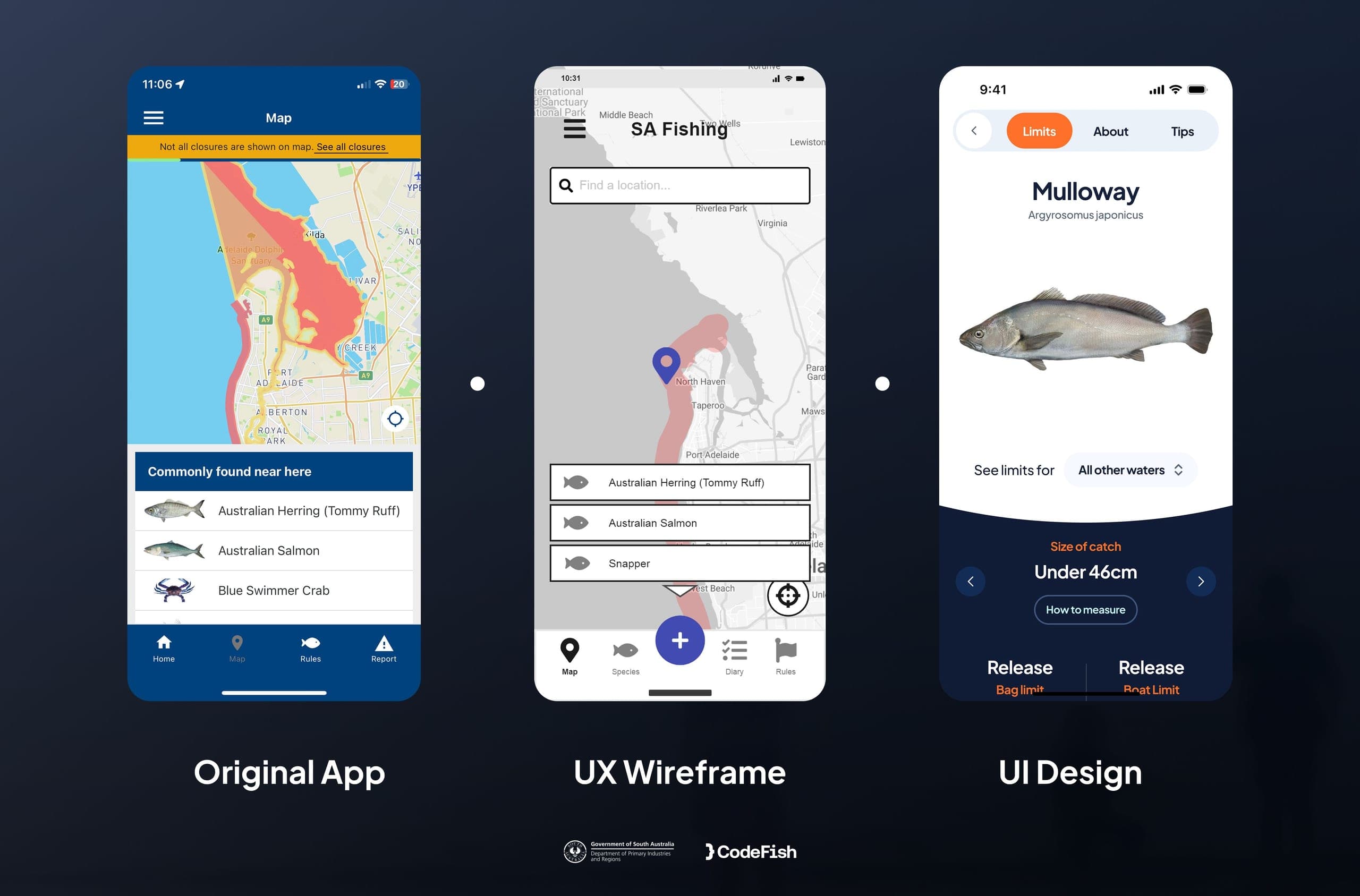 Three-stage comparison of the SA Fishing app: original app, UX wireframe and final UI design